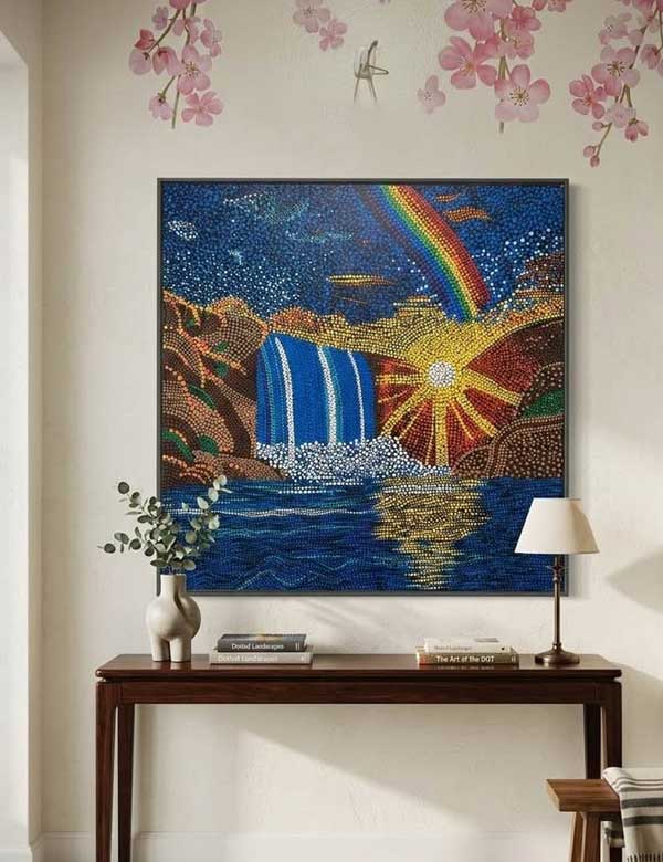 Celestial Flow –Waterfall, Rainbow, Sunset – 24x24 Canvas Wall Art