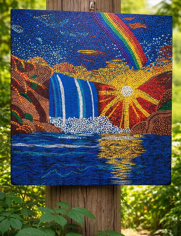 Celestial Flow –Waterfall, Rainbow, Sunset – 24x24 Canvas Wall Art