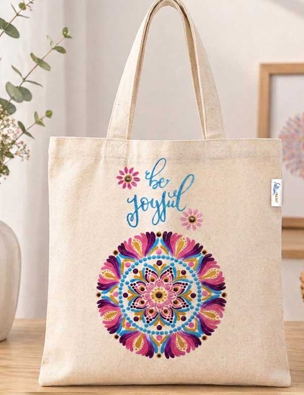 "Be Joyful" Hand-Painted Dot Mandala Canvas Tote Bag